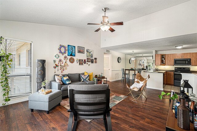 5636 Baywater Dr Unit 5636, Tampa, FL 33615 - living room featuring a textured ceiling, ceiling fan, dark wood-style flooring, and vaulted ceiling