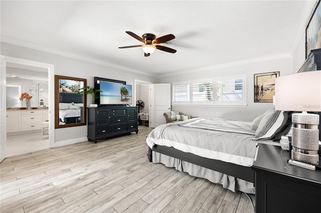 6129 Leeland St S, Saint Petersburg, FL 33715 - bedroom featuring light wood-style floors, crown molding, baseboards, ceiling fan, and ensuite bathroom