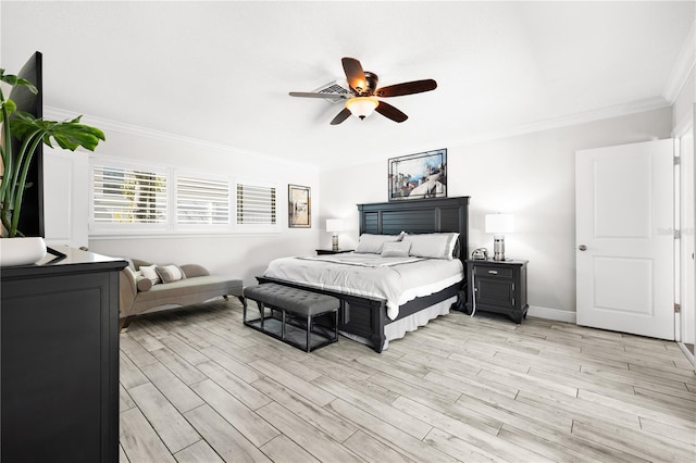 6129 Leeland St S, Saint Petersburg, FL 33715 - bedroom with light wood-type flooring, a ceiling fan, baseboards, and crown molding