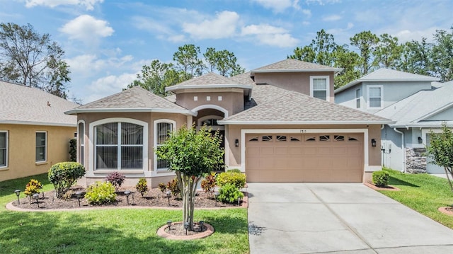 7815 Blue Spring Dr, Land O Lakes, FL 34637 - view of front facade featuring stucco siding, a front lawn, a shingled roof, and a garage