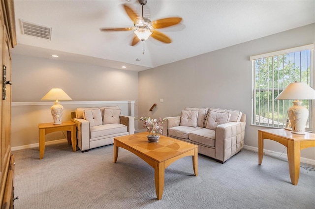 7815 Blue Spring Dr, Land O Lakes, FL 34637 - carpeted living area with baseboards, a ceiling fan, visible vents, and recessed lighting