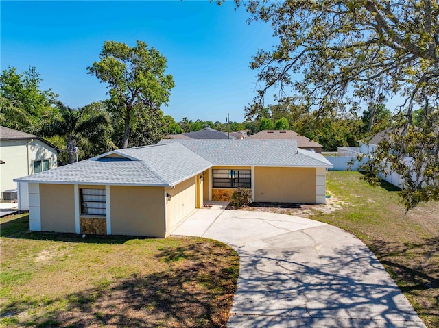 view of front of property featuring a garage, stucco siding, concrete driveway, and a front lawn