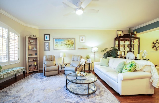 6303 Vista Verde Dr E, Gulfport, FL 33707 - living room with crown molding, baseboards, a ceiling fan, and dark wood-style flooring