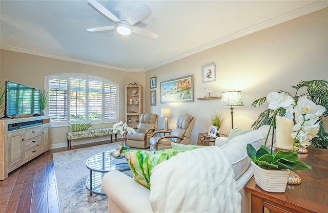 6303 Vista Verde Dr E, Gulfport, FL 33707 - living area featuring baseboards, ceiling fan, ornamental molding, and wood finished floors