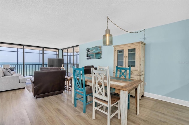 15400 Gulf Blvd Unit 202, Madeira Beach, FL 33708 - dining room featuring baseboards, light wood-type flooring, a textured ceiling, and expansive windows