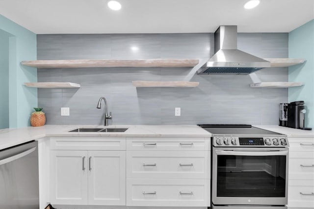 15400 Gulf Blvd Unit 202, Madeira Beach, FL 33708 - kitchen with a sink, open shelves, wall chimney exhaust hood, and stainless steel appliances
