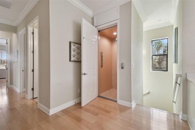 hallway with baseboards, visible vents, ornamental molding, and light wood finished floors