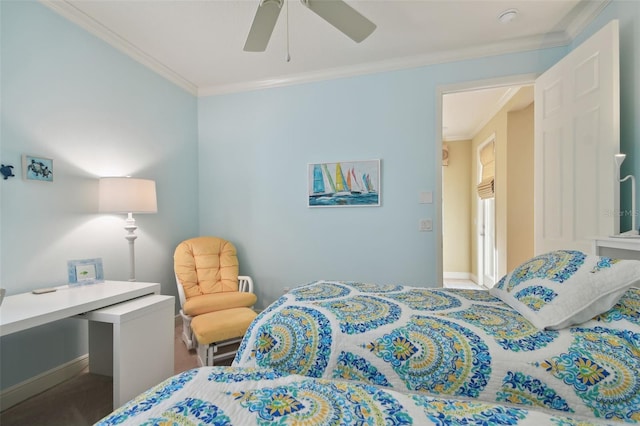bedroom with baseboards, ornamental molding, and a ceiling fan