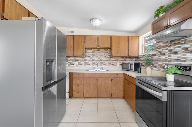 8184 Rose Ter, Seminole, FL 33777 - kitchen featuring under cabinet range hood, stainless steel appliances, light countertops, backsplash, and a sink
