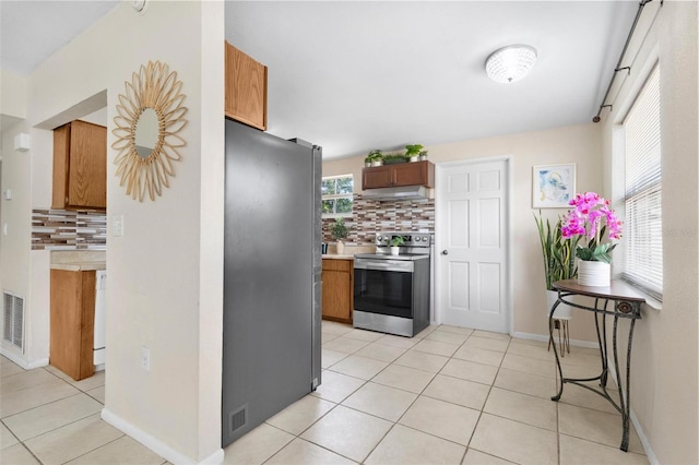 8184 Rose Ter, Seminole, FL 33777 - kitchen with stainless steel appliances, tasteful backsplash, brown cabinets, light countertops, and under cabinet range hood