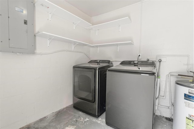 8184 Rose Ter, Seminole, FL 33777 - laundry room with concrete block wall, electric panel, washer and clothes dryer, gas water heater, and laundry area