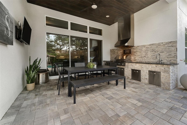 view of patio / terrace with an outdoor kitchen, a ceiling fan, outdoor dining space, a sink, and area for grilling