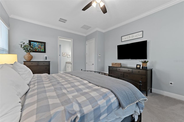 bedroom featuring carpet, ornamental molding, baseboards, ceiling fan, and ensuite bathroom