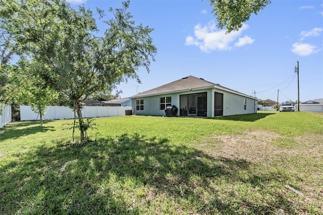 10463 Baylor Dr, Spring Hill, FL 34608 - rear view of property featuring a lawn, a fenced backyard, and stucco siding