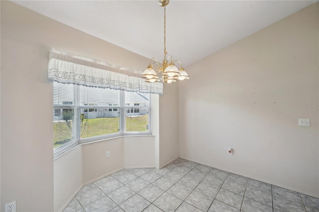 unfurnished dining area featuring baseboards, light tile patterned floors, and a chandelier
