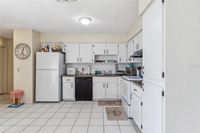 1309 Malone Ave, Spring Hill, FL 34606 - kitchen with dark countertops, white cabinetry, white appliances, open shelves, and under cabinet range hood
