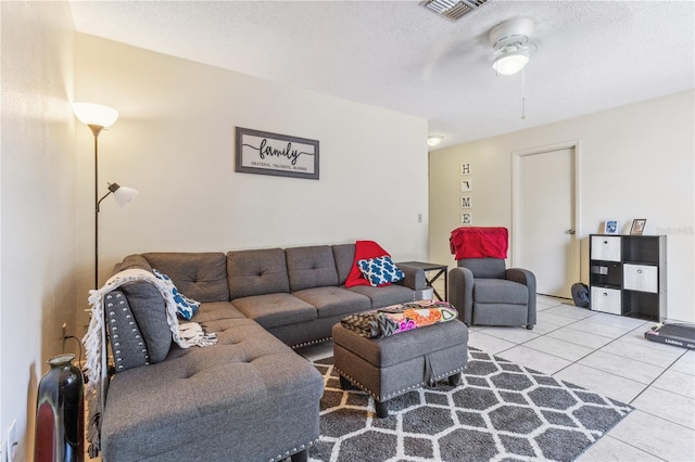 1309 Malone Ave, Spring Hill, FL 34606 - living room featuring a textured ceiling, visible vents, tile patterned floors, and ceiling fan