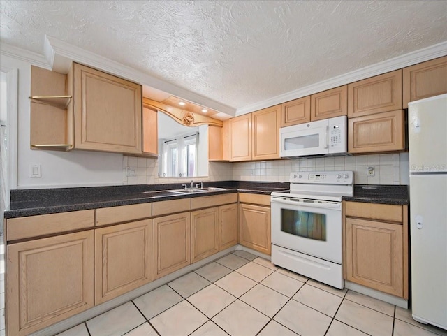 kitchen with a textured ceiling, open shelves, ornamental molding, white appliances, and backsplash