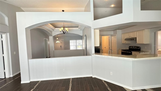 28818 Midnight Star Loop, Wesley Chapel, FL 33543 - kitchen with range, under cabinet range hood, dark wood-style flooring, and arched walkways