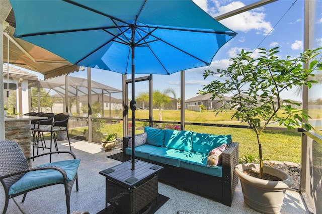sunroom with outdoor dry bar and outdoor lounge area