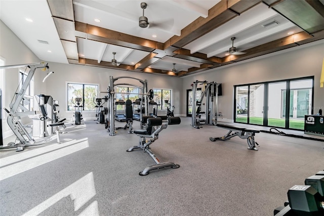 gym with a ceiling fan, visible vents, recessed lighting, and a healthy amount of sunlight