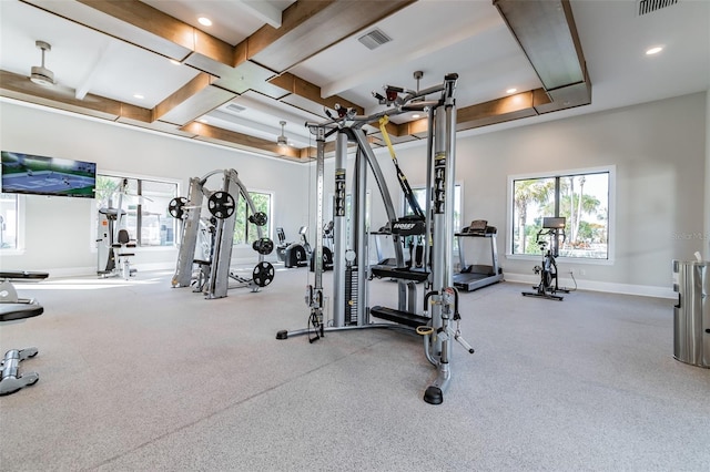 exercise room with visible vents, baseboards, coffered ceiling, and a healthy amount of sunlight
