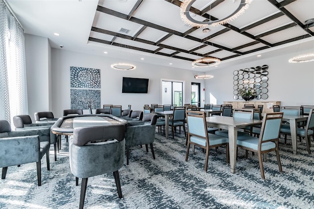 carpeted dining room featuring coffered ceiling, visible vents, and recessed lighting