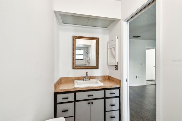 bathroom featuring wood finished floors, visible vents, and vanity