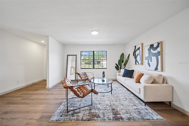 living area featuring wood finished floors, baseboards, and recessed lighting