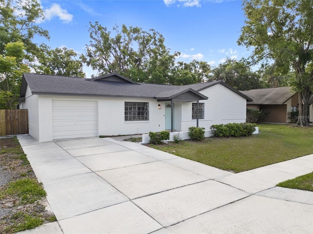 single story home with an attached garage, concrete driveway, stucco siding, and roof with shingles