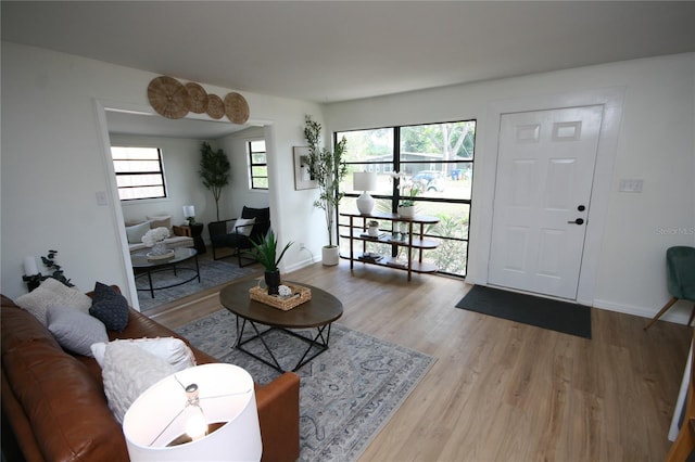 living area featuring baseboards and wood finished floors