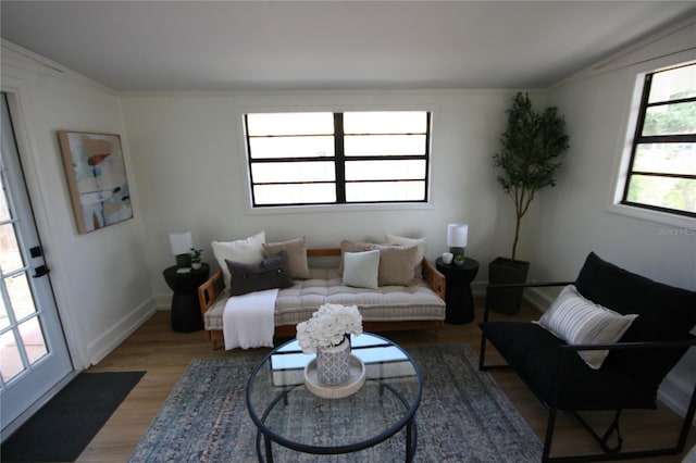 living room featuring baseboards, lofted ceiling, ornamental molding, and light wood finished floors