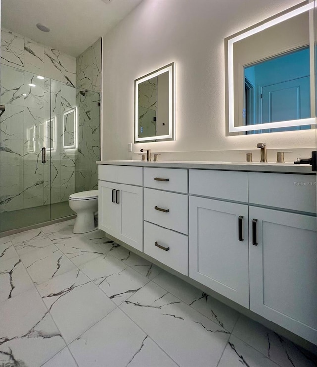 full bath featuring double vanity, marble finish floor, a marble finish shower, and toilet