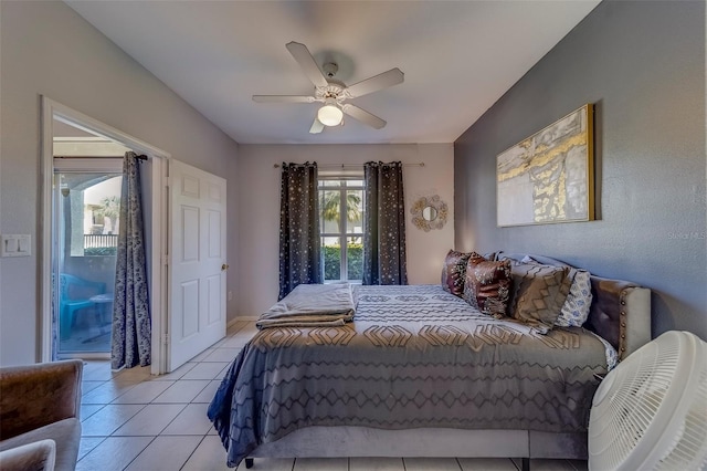 bedroom with a ceiling fan, access to outside, and light tile patterned floors