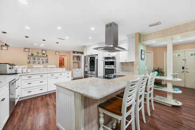 1004 Hollyberry Ct, Brandon, FL 33511 - kitchen with island exhaust hood, appliances with stainless steel finishes, a peninsula, dark wood finished floors, and recessed lighting