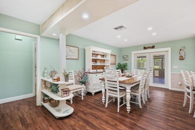 1004 Hollyberry Ct, Brandon, FL 33511 - dining area with french doors, dark wood-type flooring, a wainscoted wall, and recessed lighting