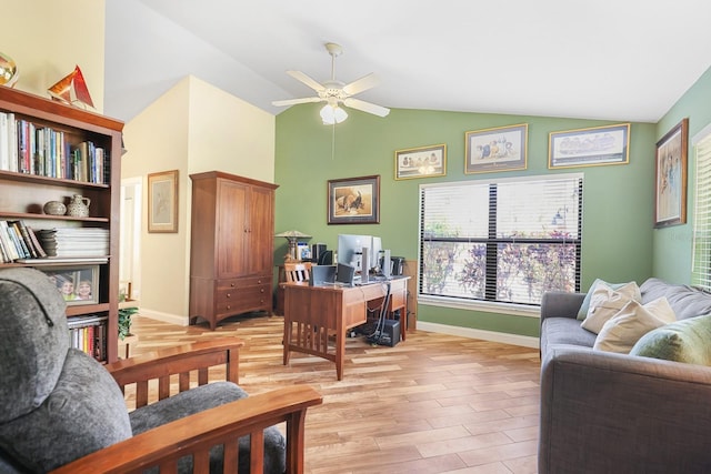 1004 Hollyberry Ct, Brandon, FL 33511 - home office with a ceiling fan, baseboards, light wood finished floors, and high vaulted ceiling