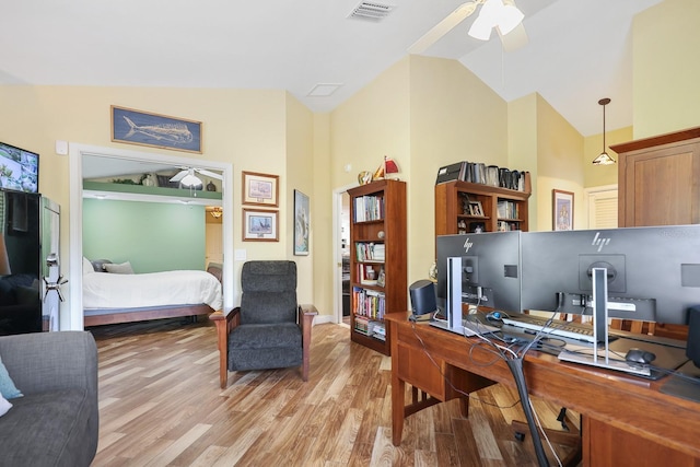 1004 Hollyberry Ct, Brandon, FL 33511 - office area featuring ceiling fan, light wood-style flooring, and high vaulted ceiling