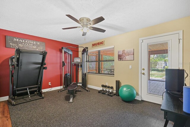 1004 Hollyberry Ct, Brandon, FL 33511 - exercise area with ceiling fan, baseboards, and a textured ceiling