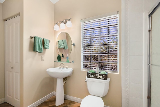 1004 Hollyberry Ct, Brandon, FL 33511 - full bathroom featuring toilet, an enclosed shower, wood finished floors, baseboards, and a sink