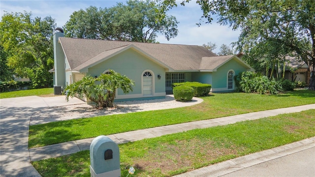 ranch-style home featuring a chimney, driveway, a shingled roof, a front yard, and stucco siding