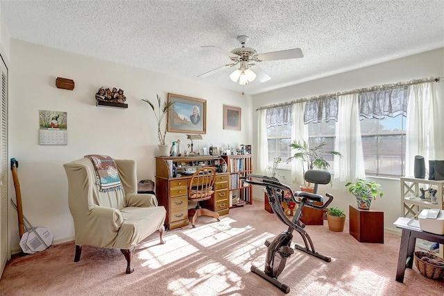 office area with a textured ceiling, a ceiling fan, and light colored carpet