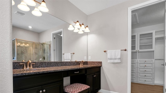 11720 Navajo Sandstone St, Riverview, FL 33579 - full bathroom featuring double vanity, visible vents, a stall shower, a sink, and a notable chandelier