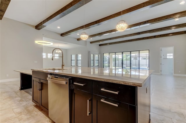 4975 Night Star Trl, Odessa, FL 33556 - kitchen featuring dishwasher, open floor plan, baseboards, plenty of natural light, and beam ceiling