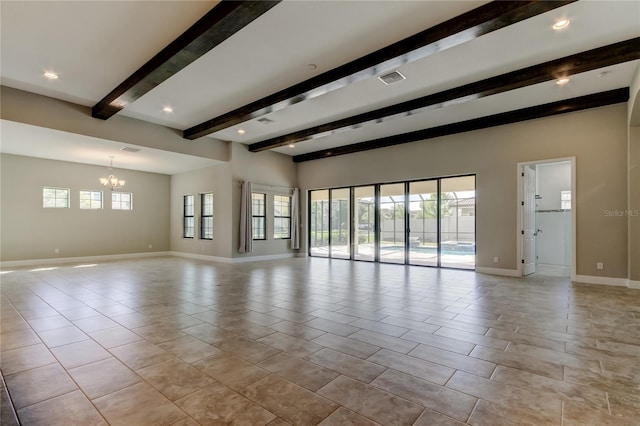 4975 Night Star Trl, Odessa, FL 33556 - unfurnished living room with a chandelier, beam ceiling, baseboards, recessed lighting, and light tile patterned floors