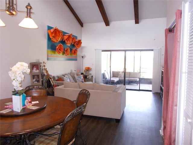 dining space with high vaulted ceiling, beam ceiling, and dark wood-type flooring