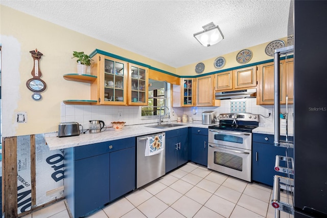 kitchen with tasteful backsplash, appliances with stainless steel finishes, under cabinet range hood, and a sink
