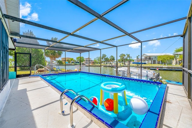 pool with a boat dock, a lanai, boat lift, and a water view
