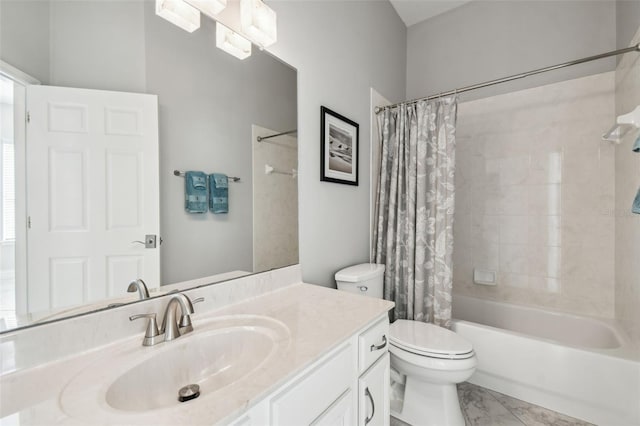 bathroom featuring vanity, shower / bath combo with shower curtain, toilet, and marble finish floor