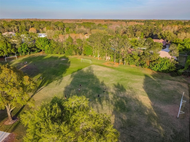 bird's eye view featuring a wooded view